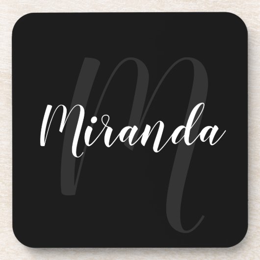 Zwart modern Manuscript Gepersonaliseerd Monogram Bier Onderzetter (Voorkant)