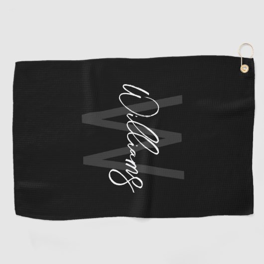 Zwart modern Manuscript Gepersonaliseerd Monogram  Golfhanddoek (Horizontaal)
