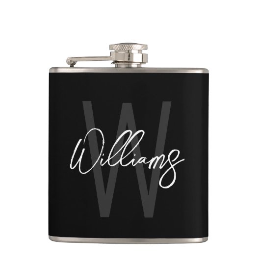 Zwart modern Manuscript Gepersonaliseerd Monogram Heupfles (Voorkant)