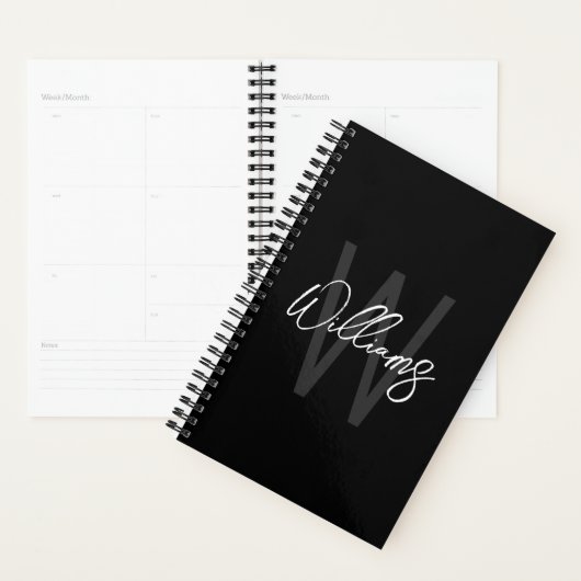 Zwart modern Manuscript Gepersonaliseerd Monogram  Planner (Display)