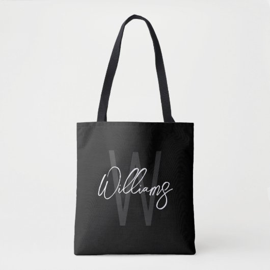 Zwart modern Manuscript Gepersonaliseerd Monogram Tote Bag (Voorkant)