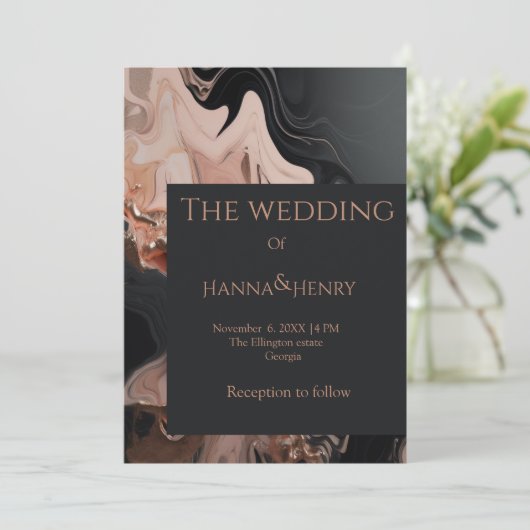 Zwart Modern Marmer textuur uitnodiging (Staand voorkant)