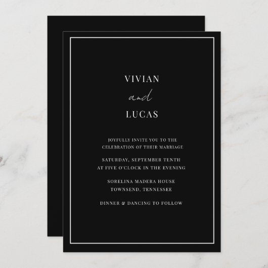 Zwart Modern Minimaal Bruiloft Kaart (Voorkant / Achterkant)