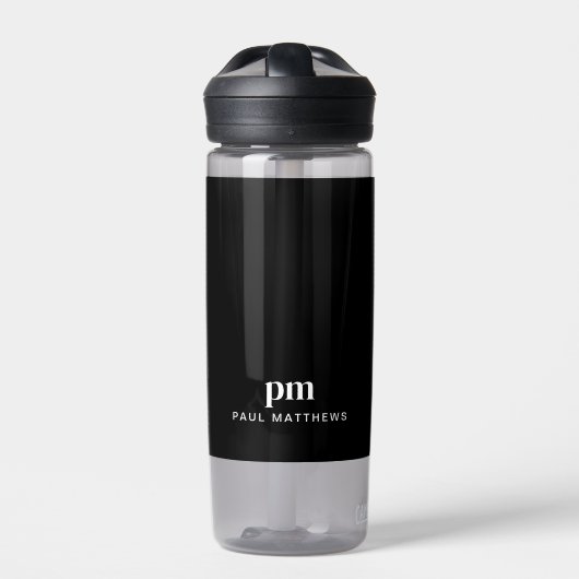 Zwart Modern Minimal Custom Monogram en Naam Waterfles (Voorkant)