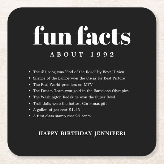 Zwart Modern Minimal Fun Facts Verjaardag Kartonnen Onderzetters (Voorkant)