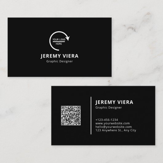 Zwart Modern Minimal Logo en QR Code Visitekaartje (Voorkant / Achterkant)