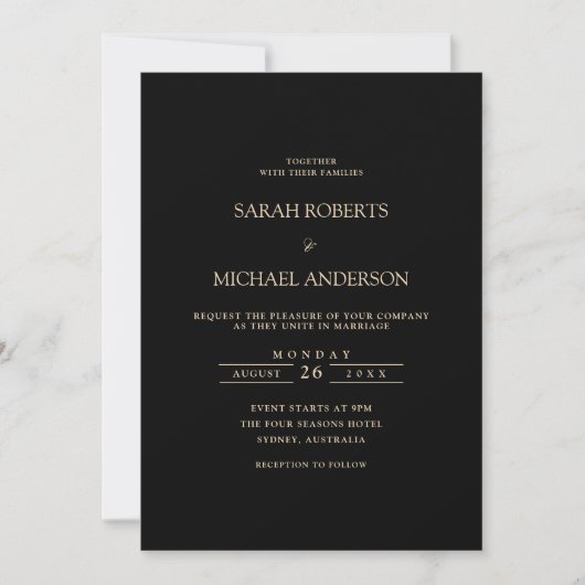 Zwart Modern Minimal Simple Gold Script Wedding Kaart (Voorkant)