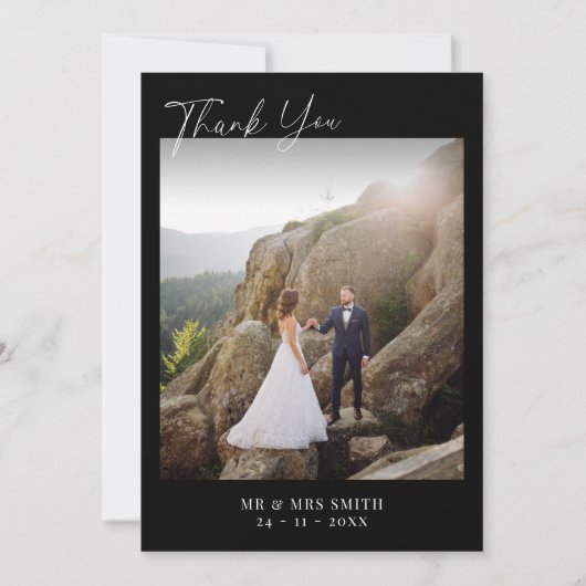 Zwart Modern Minimalist 2 foto bruiloft Bedankkaart (Voorkant)