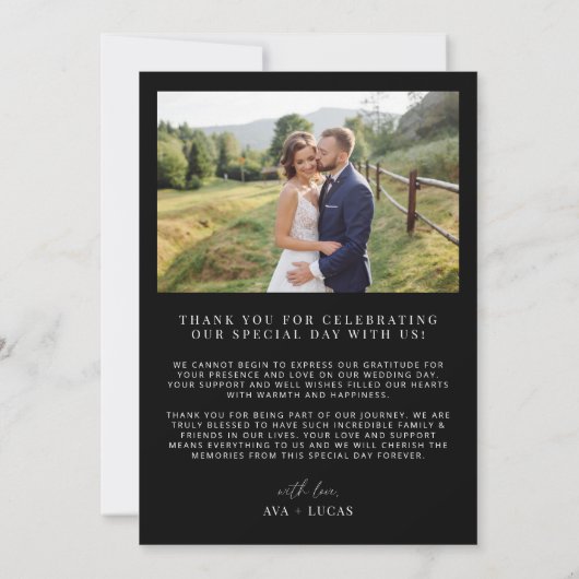 Zwart Modern Minimalist 2 foto bruiloft Bedankkaart (Achterkant)