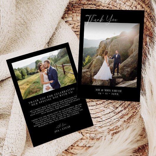 Zwart Modern Minimalist 2 foto bruiloft Bedankkaart