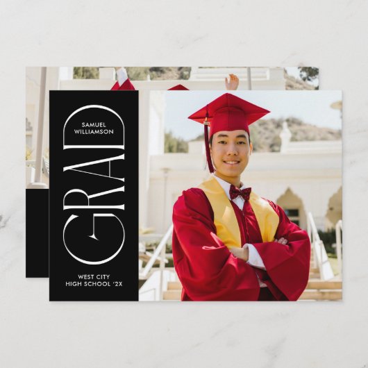 Zwart Modern Minimalistisch Afstuderen Aankondigin Kaart (Voorkant / Achterkant)