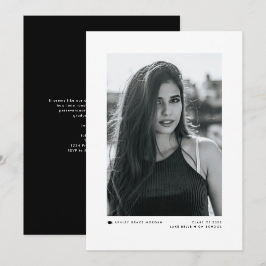 Zwart Modern Minimalistisch foto Afstuderen Aankondiging (Voorkant / Achterkant)
