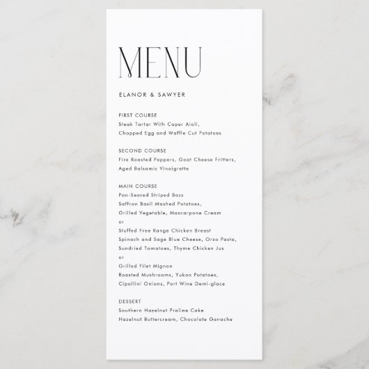 Zwart Modern Minimalistisch Typografie Bruiloft Menu (Voorkant)