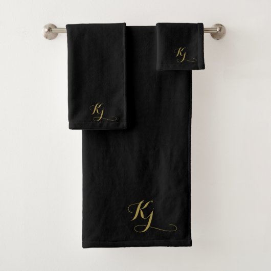 Zwart Modern Monogram Gold Script Initialen Bad Handdoek (Insitu)