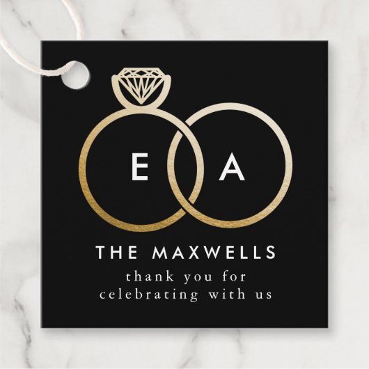 Zwart Modern Monogram Gouden trouwringen Bedankjes Labels (Voorkant)