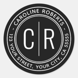 Zwart modern monogram initiaal retouradres ronde sticker