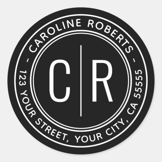 Zwart modern monogram initiaal retouradres ronde sticker (Voorkant)