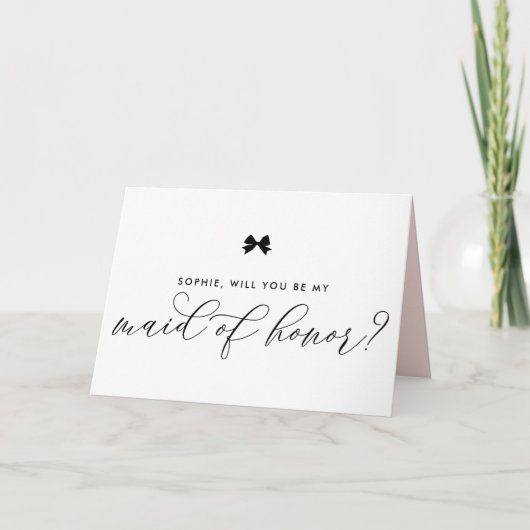 Zwart Modern Ribbon Bow Be My Maid of Honor Kaart (Voorkant)