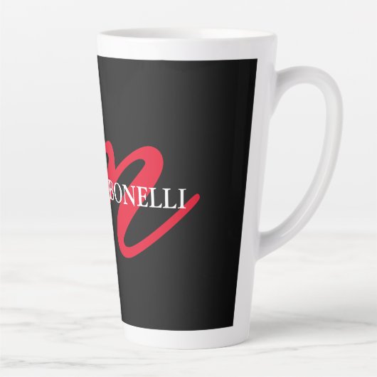 Zwart-modern rood monogram latte mok (Rechts)