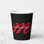 Zwart-modern rood monogram papieren bekers (Voorkant)