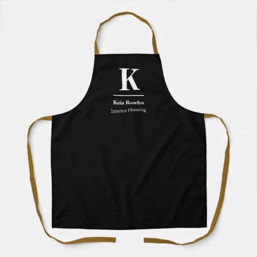 Zwart Modern Schort | Minimalistische naamletter (Voorkant)