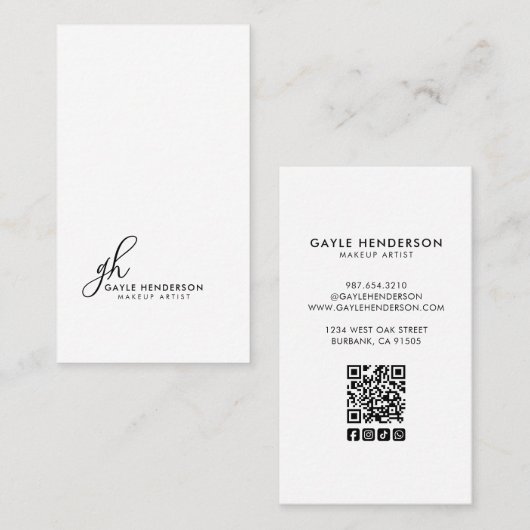 Zwart Modern Schrift Logo QR Code Monogram Make-up Visitekaartje (Voorkant / Achterkant)