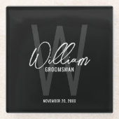 Zwart modern script - Aangepaste Groomsman naam Glazen Onderzetter (Voorkant)