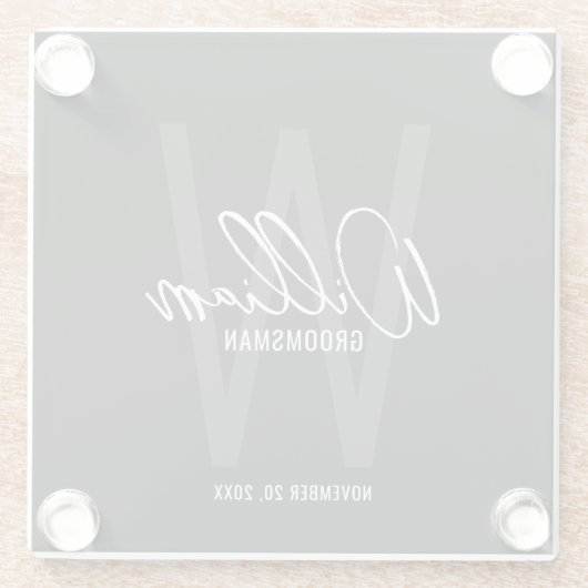 Zwart modern script - Aangepaste Groomsman naam Glazen Onderzetter (Achterkant)