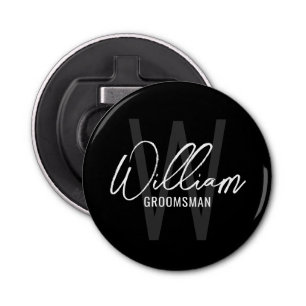Zwart modern script - Aangepaste Groomsmen Button Flesopener