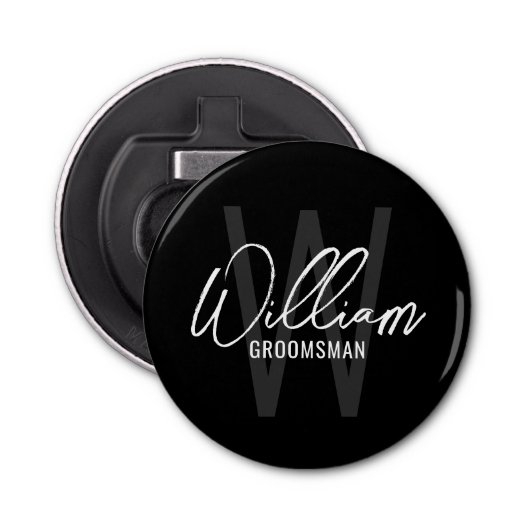 Zwart modern script - Aangepaste Groomsmen Button Flesopener (Voorkant)
