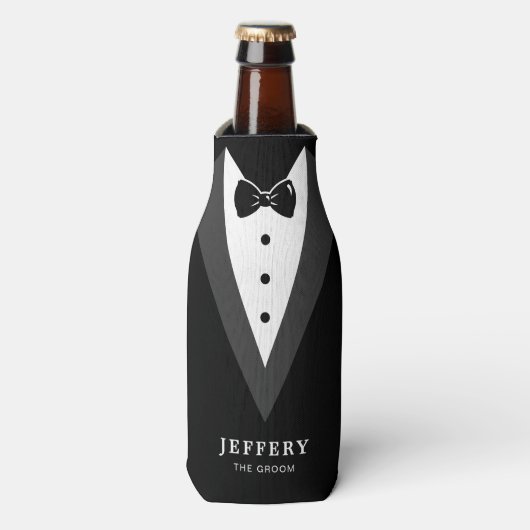 Zwart modern script - Aangepaste Groomsmen Flesjeskoeler (Fles Voorkant)