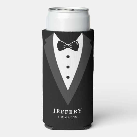 Zwart modern script - Aangepaste Groomsmen Seltzer Blikjeskoeler (Seltzer Achterkant)