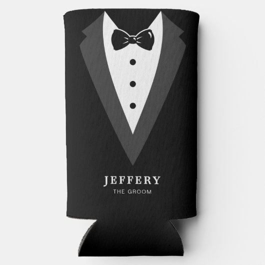 Zwart modern script - Aangepaste Groomsmen Seltzer Blikjeskoeler (Achterkant)