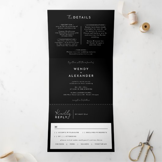 Zwart Modern Script Bruiloft Alles in een Drieluik Uitnodiging (Binnen)