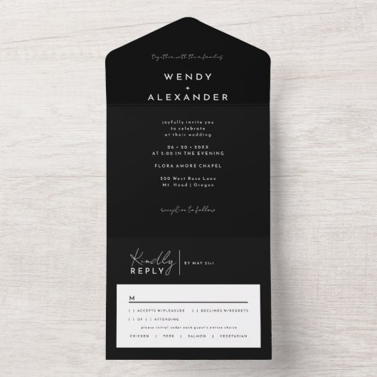 Zwart Modern Script Bruiloft Alles In Een Uitnodig All In One Uitnodiging (Binnen)