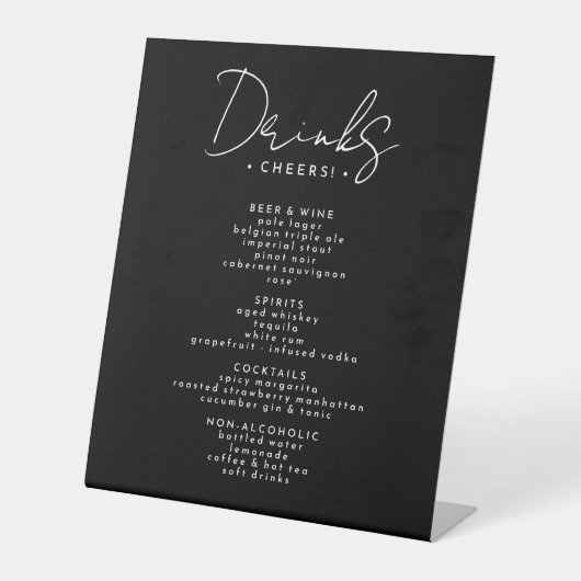Zwart Modern Script Bruiloft Drinken Menu Reclamebord Met Voetstuk (Voorkant)