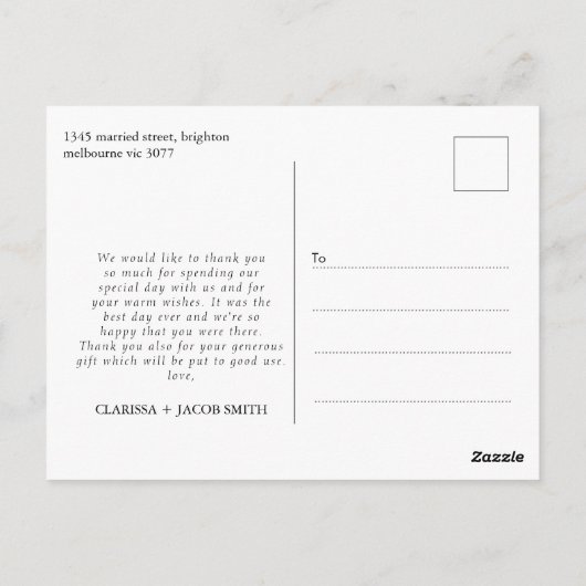 Zwart Modern Script Dank u Bruiloft Briefkaart (Achterkant)