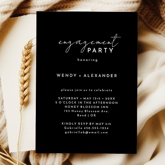 Zwart Modern Script Engagement Party Kaart