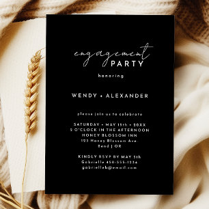 Zwart Modern Script Engagement Party Kaart