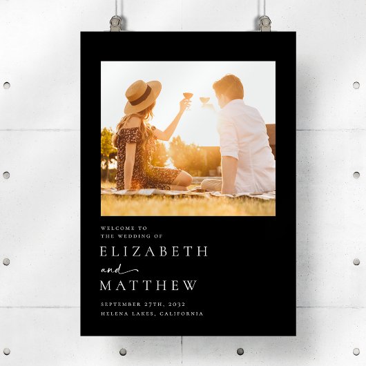 Zwart Modern Script Foto Bruiloft Welkomstbord Poster