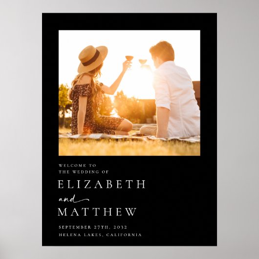Zwart Modern Script Foto Bruiloft Welkomstbord Poster (Voorkant)