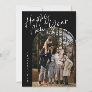 Zwart Modern Script Gelukkig Nieuwjaar Boog 2 Foto Feestdagenkaart