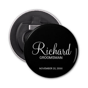 Zwart Modern Script Gepersonaliseerde Groomsman Button Flesopener