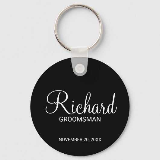 Zwart Modern Script Gepersonaliseerde Groomsman Sleutelhanger (Voorkant)