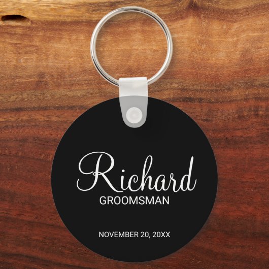 Zwart Modern Script Gepersonaliseerde Groomsman Sleutelhanger (Voorkant)