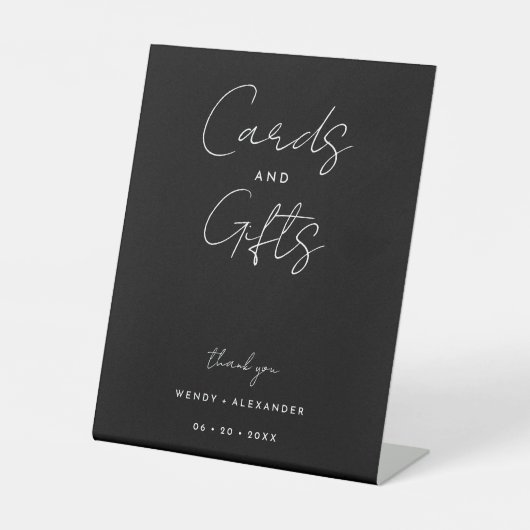 Zwart Modern Script Huwelijkskaarten en Cadeaubord Reclamebord Met Voetstuk (Voorkant)