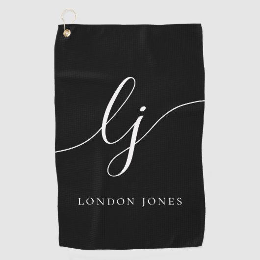 Zwart Modern Script Monogram Naam Vrouwelijk Golfhanddoek (Voorkant)
