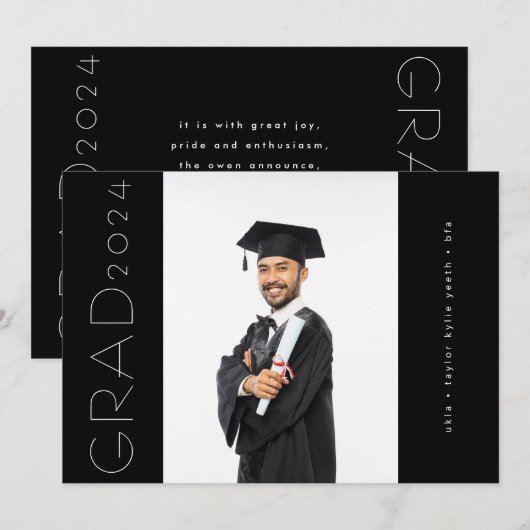 Zwart Modern Sideways Afstudeerder Foto Aankondiging (Voorkant / Achterkant)