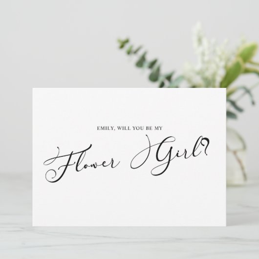 Zwart Modern Simple Script Be My Bloemenmeisje Whi Kaart (Staand voorkant)