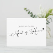 Zwart Modern Simple Script Be My Maid of Honor Kaart (Staand voorkant)